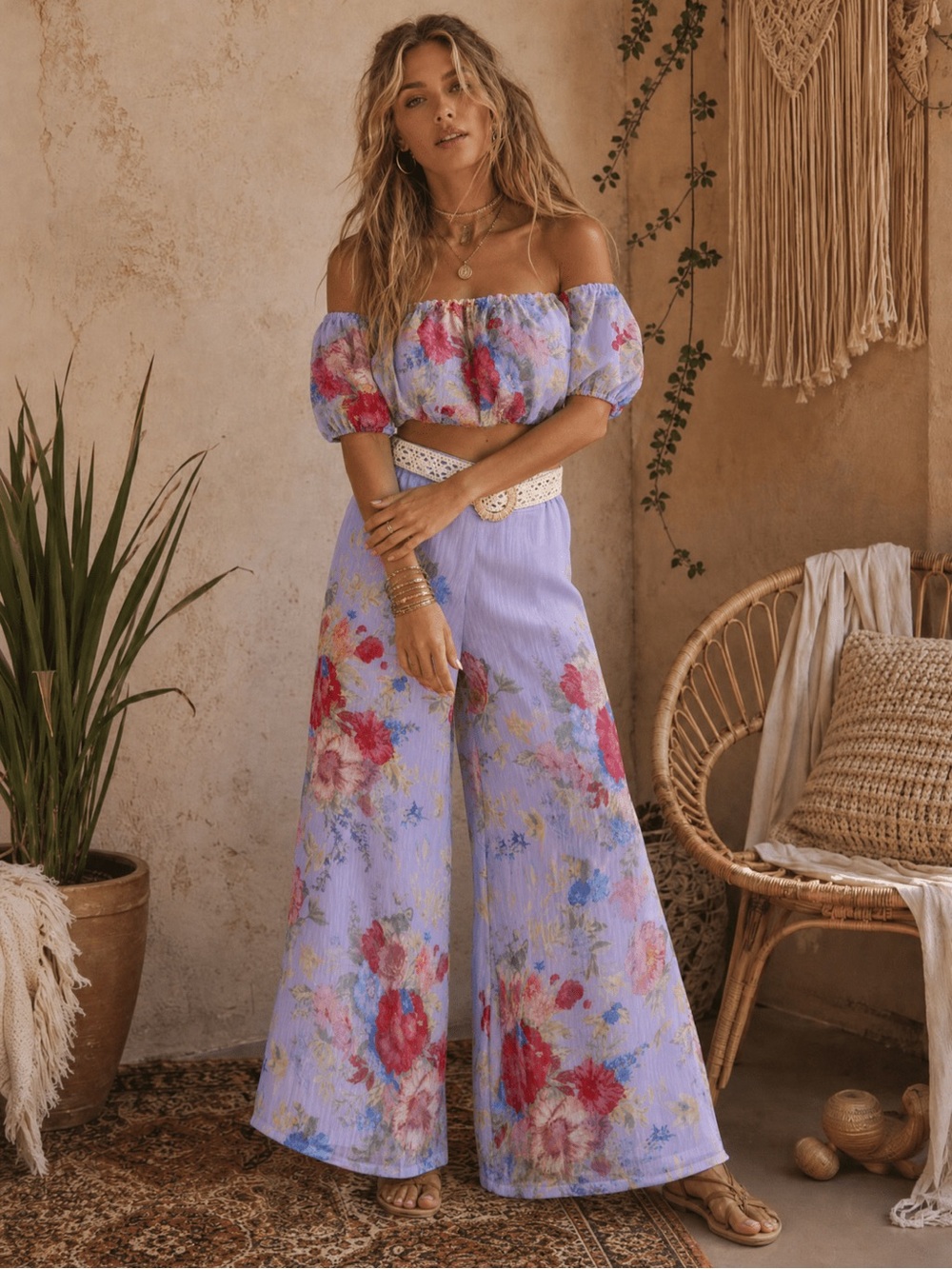 ST80. Floral Lavender Wide-Leg Two Piece Set